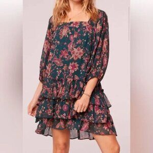 NWT Band of the Free Mandy Floral Pine Berry Sheer Sleeve Ruffle Dress-XS